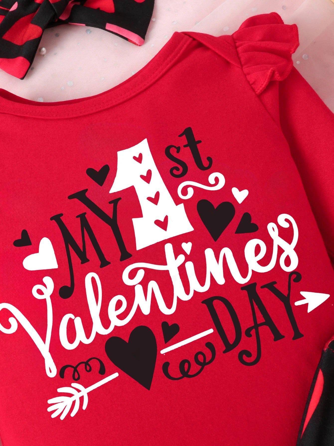 Baby Girl Valentine's Day Red Bodysuit & Heart Print Flared Pants + Headband Set