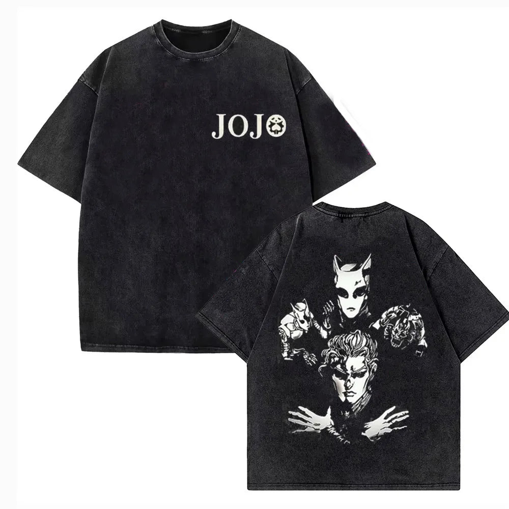 Vintage Washed TShirt Men JoJo Bizarre Adventure Gyro Zeppeli Streetwear T-shirt Anime Print Cotton Casual Short Sleeve Tshirt