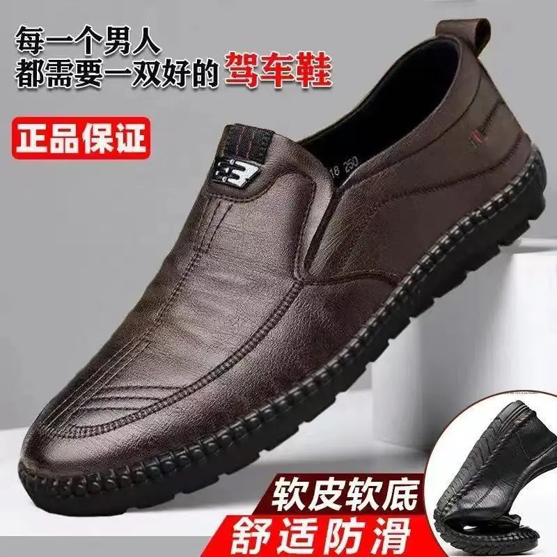 Men's Casual Thick Bottom Soft Sole Leather Shoes Dad Style Versatile Low Top Spring Autumn Season Breathable Slip-On Shoes