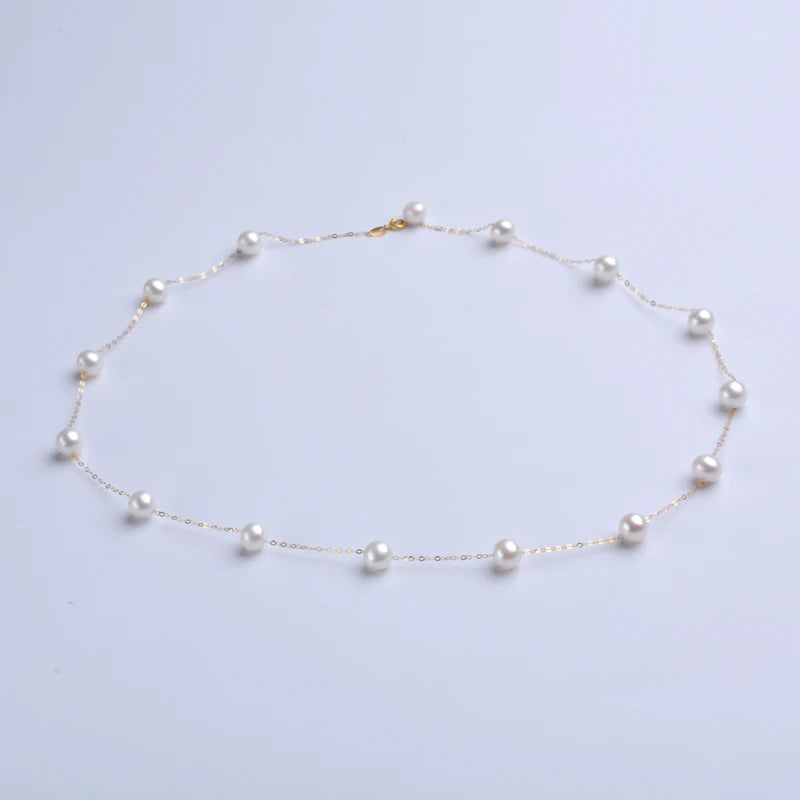 XF800 Real 18K Gold Natural Pearl Necklace Au750 Bracelet Fine Jewelry Round Aniversary Gift For Women White T628