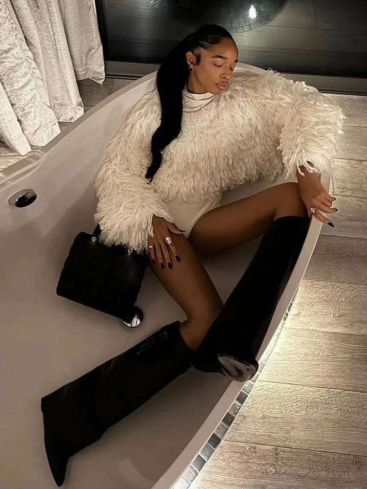 Nibber Street Fashion 2 Piece Set Woman o-Neck Full Sleeve Furry Tassel Sweater+Turtleneck Skinny Romper Causal Elegant Outfits