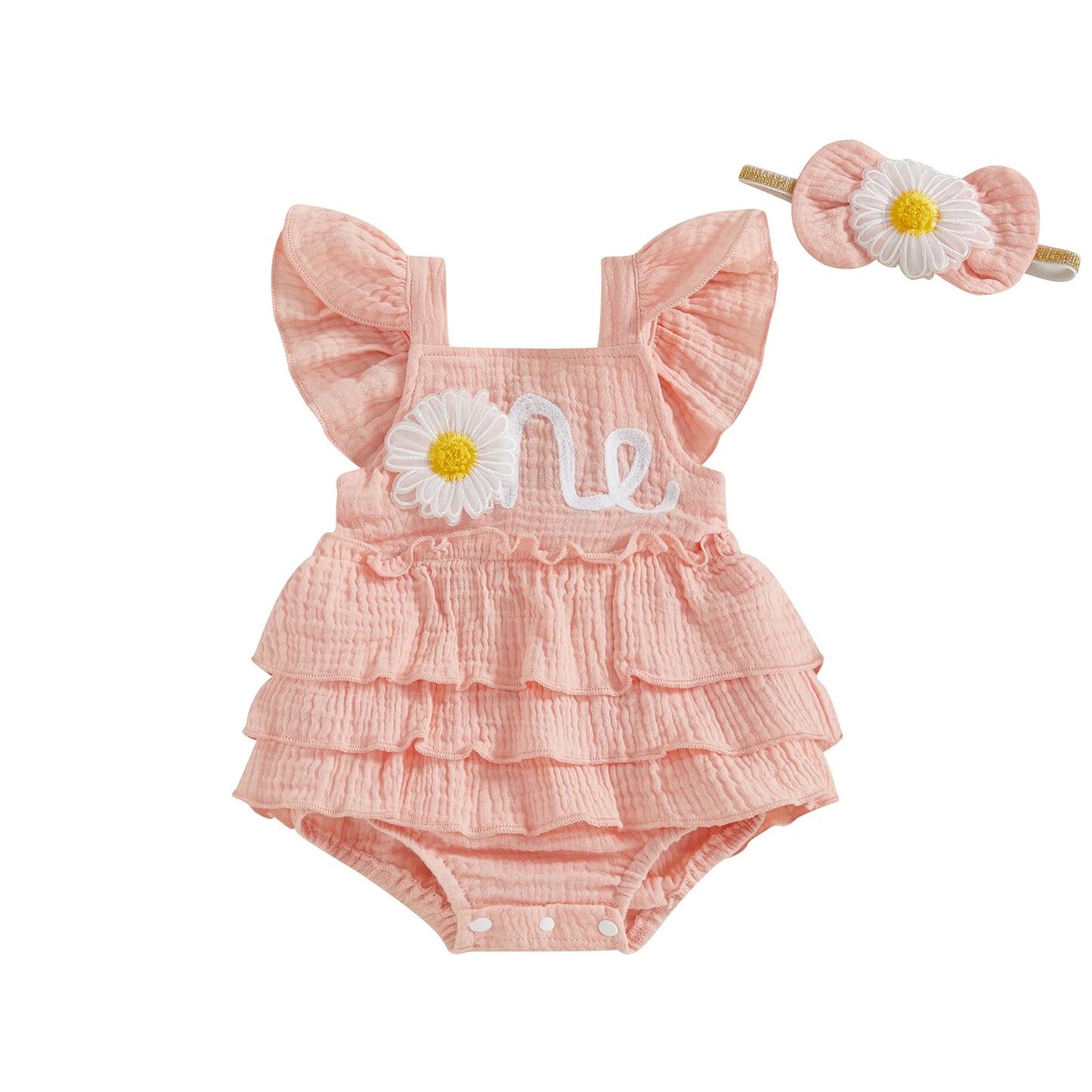 Newborn Baby Girls 1st Birthday Romper Dress Summer Cute Daisy Letter Embroidery Fly Sleeves Ruffles Jumpsuit and Headband Set