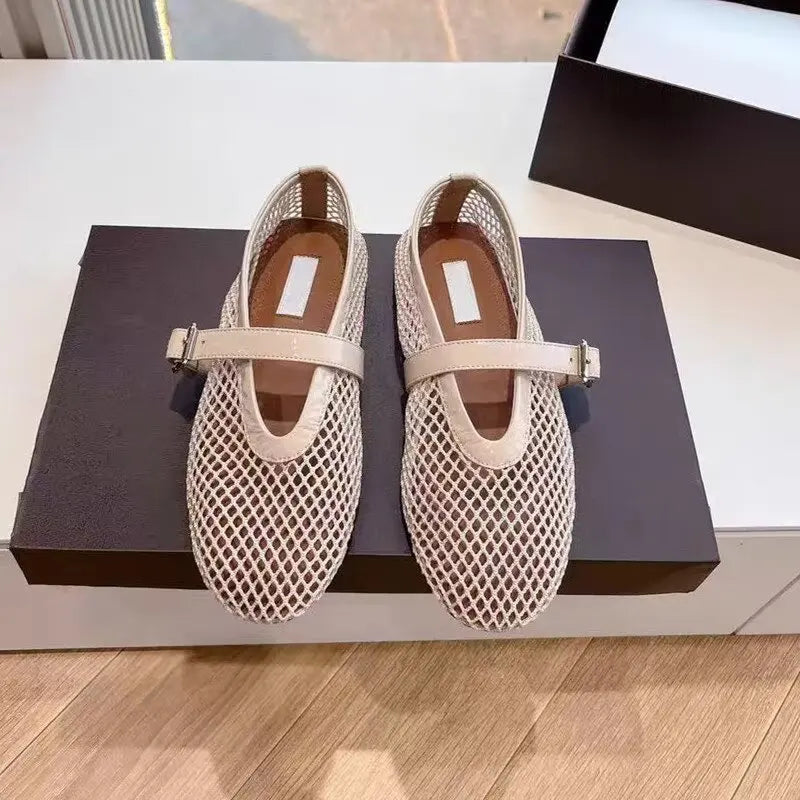 Designer brand original mesh buckle ballet sandals with women's hollow flat bottom Mary Jane mesh fishing net shoes