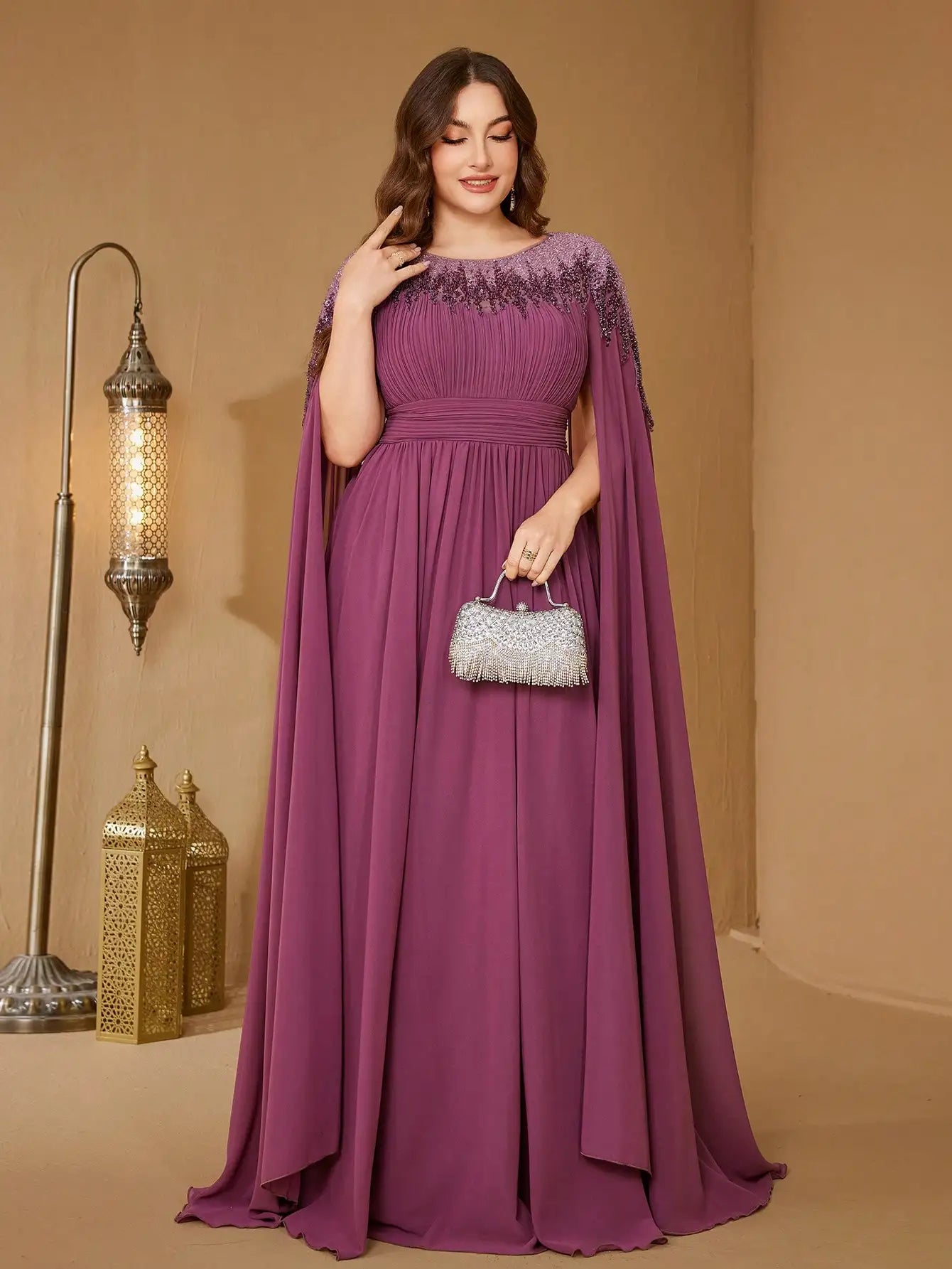 UNITHORSE Plus Women's Stand Collar Cape Sleeve Sequin Patchwork Slim-Fitting Chiffon Temperament Evening Dress