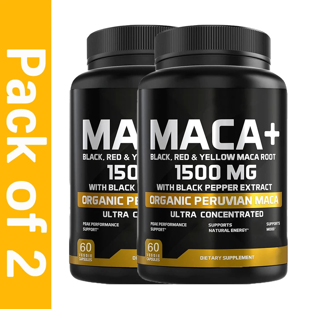 1500mg Organic Maca Root, Black, Red & Yellow - 60 Capsules - Black Maca Root Capsules for Men Supplement - Non-GMO, Gluten-Free