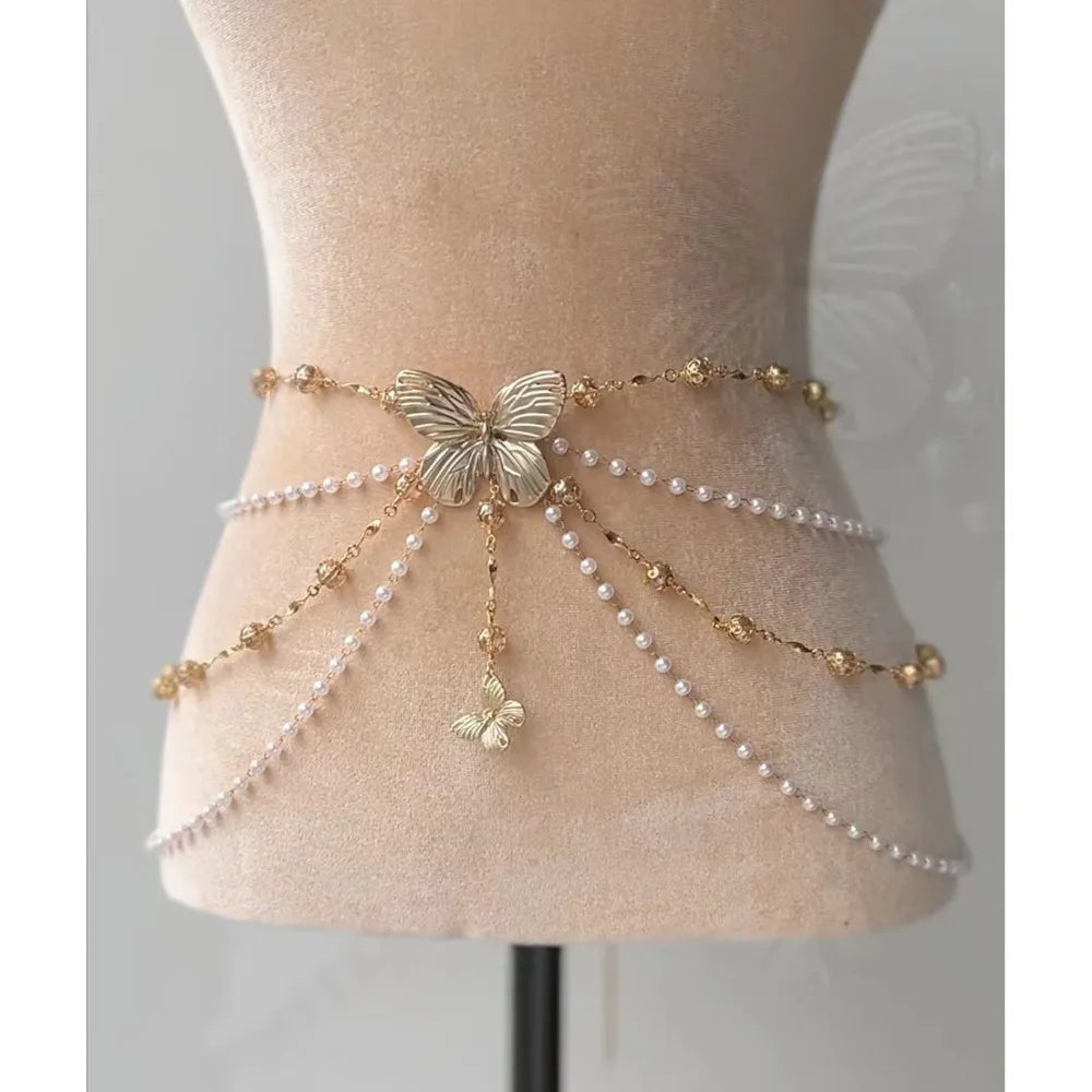 Fashion Elegant Pearl Waist Chains Versatile Waist Accessory Floral Belly Chain Boho Body Jewelry Women