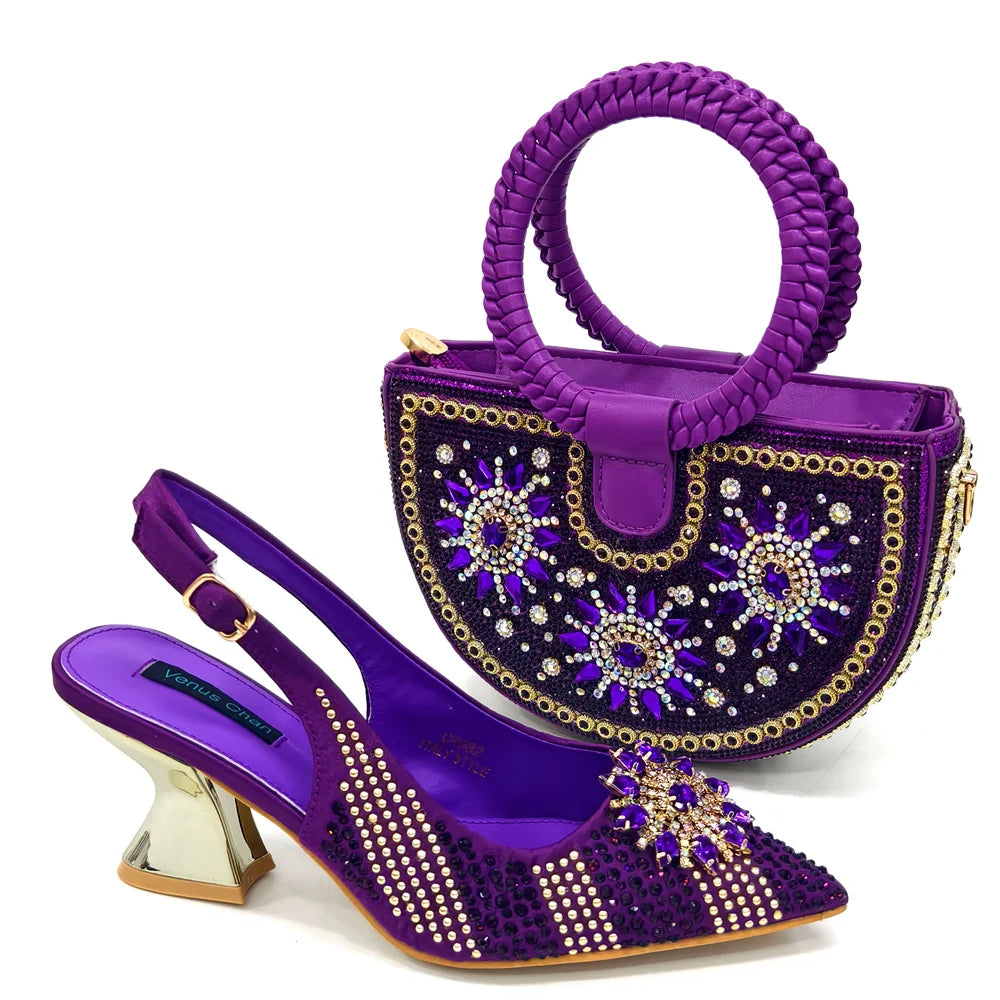 2024 New Designer Specials Italian Women Heels Shoes and Bag Set Royal Purple Color Comfortable With Rhinestone for Party