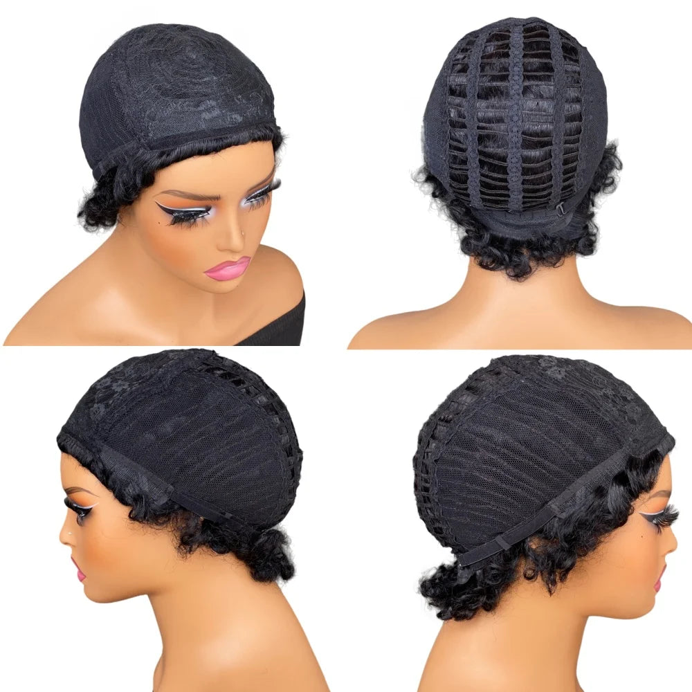 8 Inch Short Afro Kinky Curly Human Hair Wig for Women, full machine made Remy Human Hair Afro Wig with Bangs, Natural Black Cur
