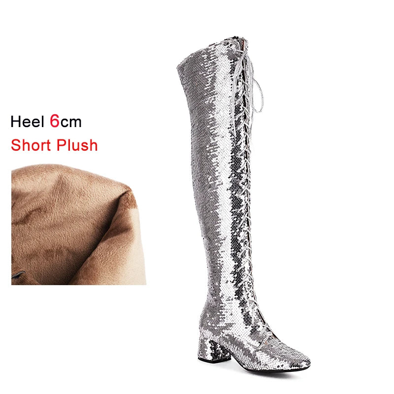 Glitter Bling Boots Women Over the knee Chunk High Heels Zipper Lace-Up Runway Lady Shoes Large Size Thigh High Boots Size 46