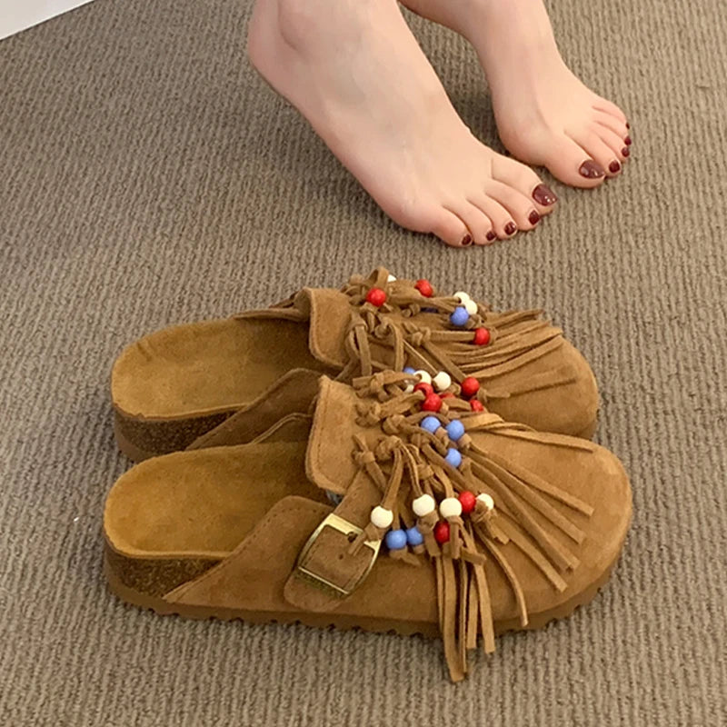 2025 Women Mules Shoes Flats Suede Women's Sandals Fringes Summer Fashion Slippers Walking Dress Cozy