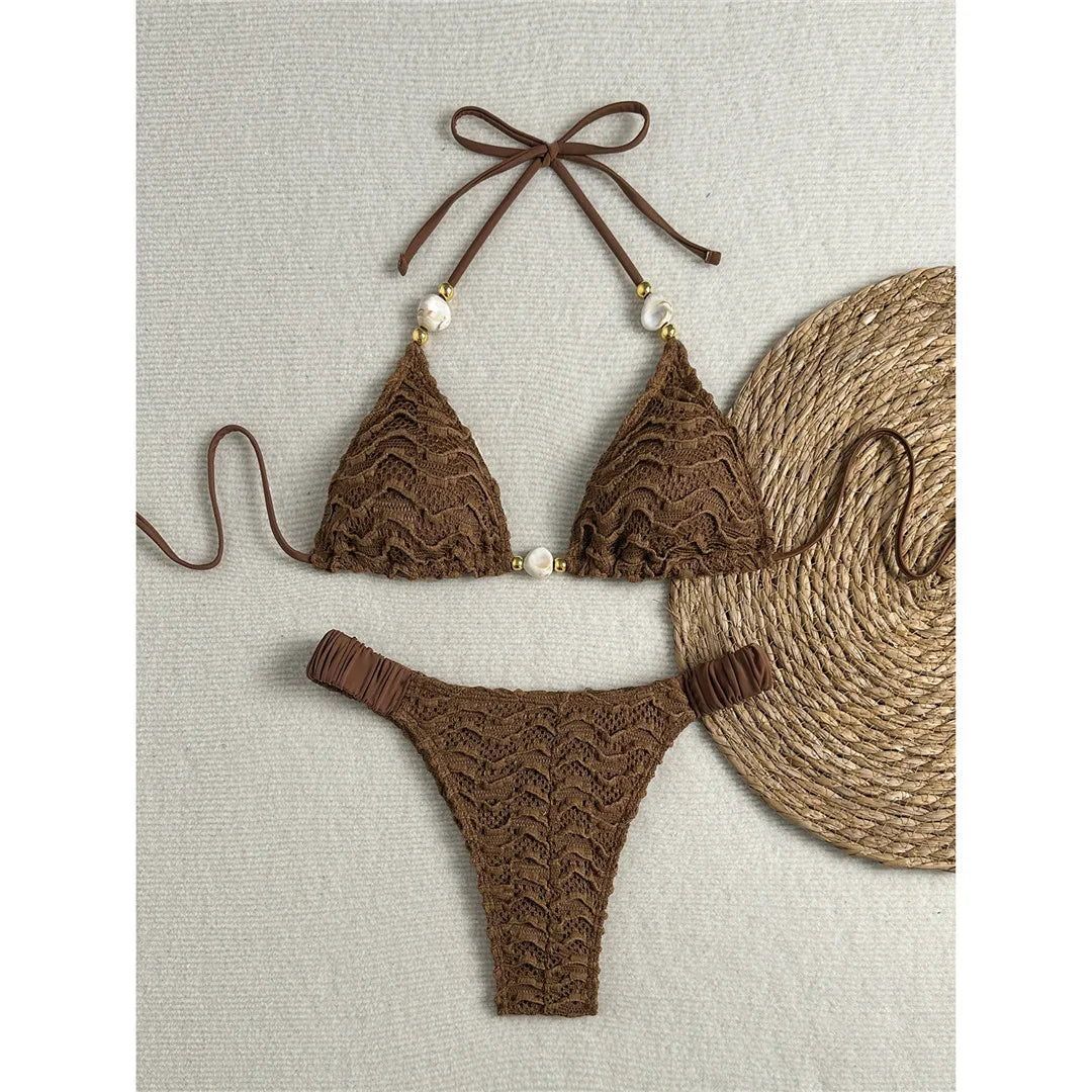 2026 Wrinkled Crinkled Halter Bikini Women Swimwear Female Swimsuit Two-Pieces Bikini Set Padded Bather Bathing Suit Swim V8135