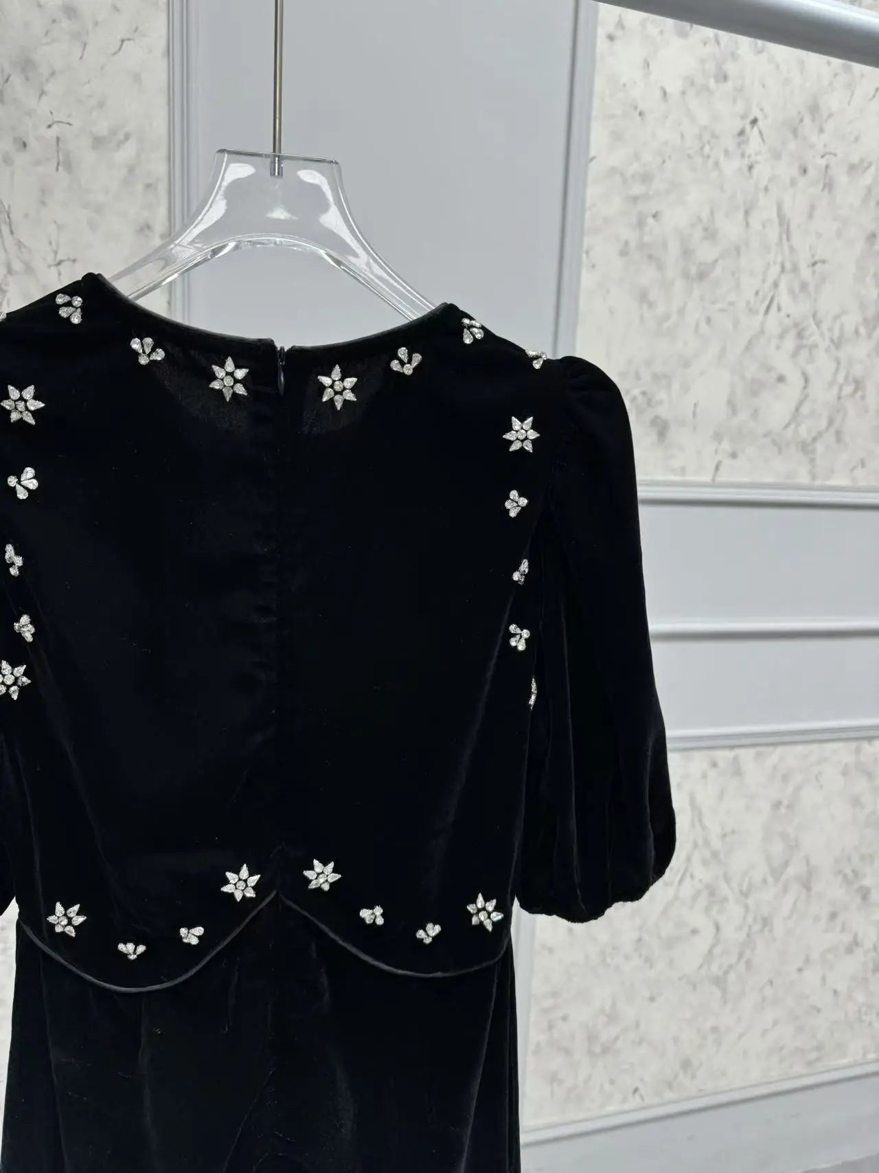 Handmade Nail Beaded Women Velvet Midi Dress Puff Sleeve Slim Waist Female Elegant Evening Dresss Spring Summer