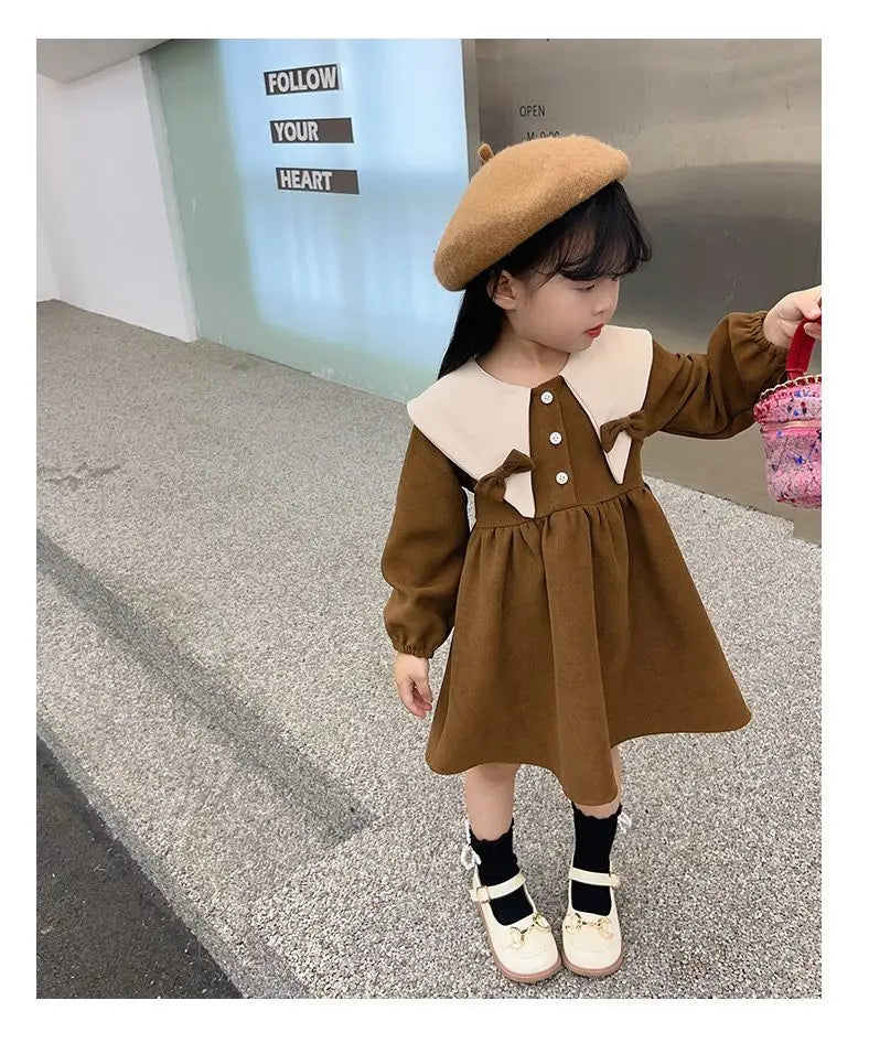 Spring and Autumn Girls' Baby Dress New Children's Fashionable Doll Neck Long Sleeve Dress Red Girls' Princess Dress