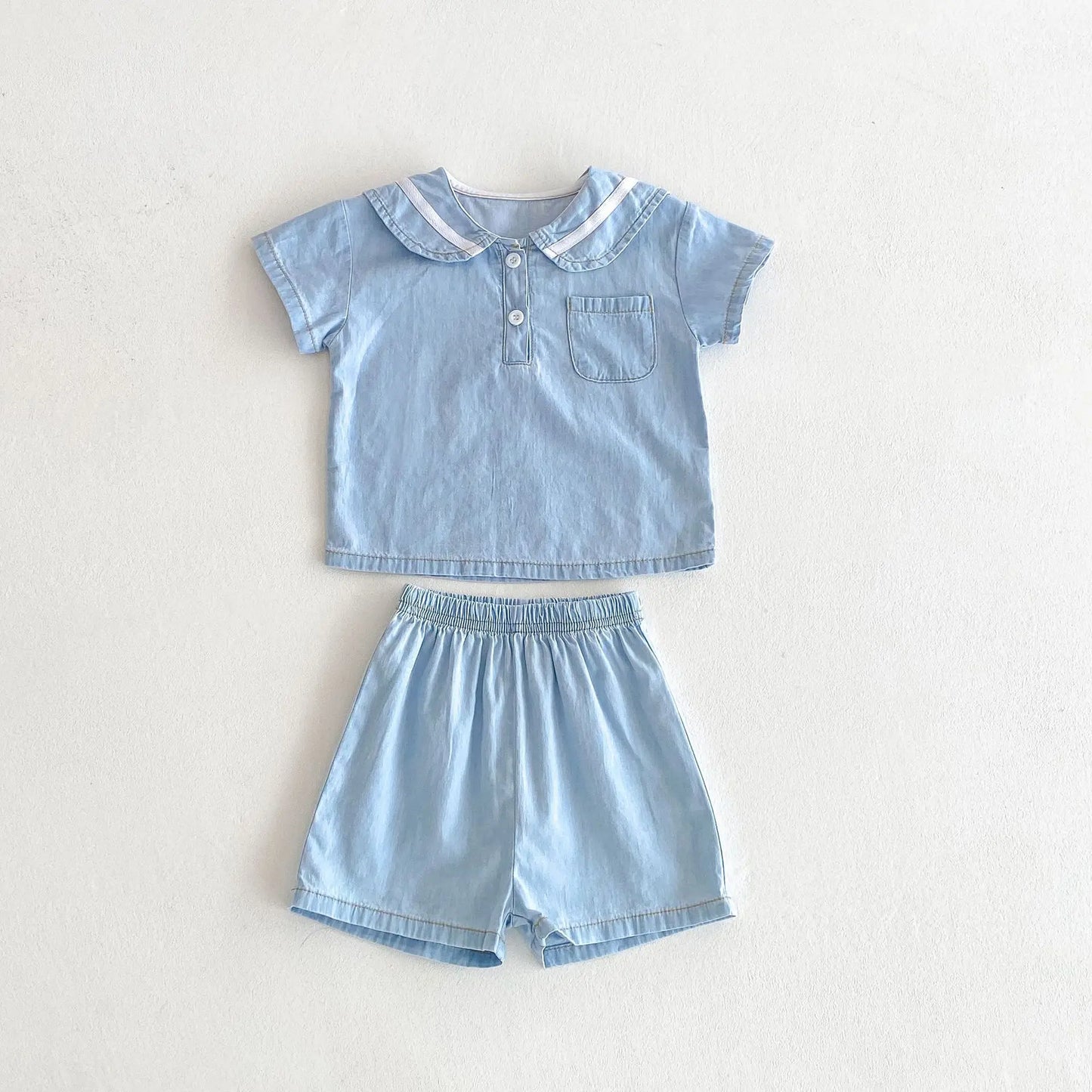 2025 Summer New Korean Style Baby Short Sleeve Denim Set Sailor Collar Sleeve T-shirts Top Tees+Kid Shorts two-piece set 0-4T