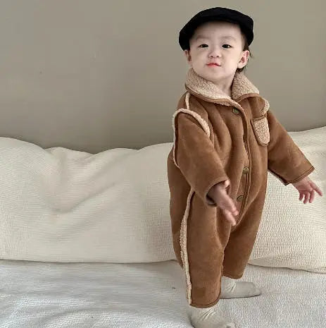 Korean Baby Winter Romper Vintage Thick Sherpa-Lined Hooded Jumpsuit Boys Girls Warm Infant Crawling Suit