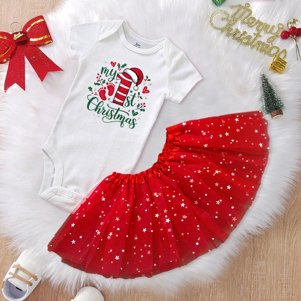 My First Christmas Baby Romper & Tutu Set Deer Print Girls Outfit Infant Baptism Bodysuit Dress Xmas Outfits Skirt 2pcs
