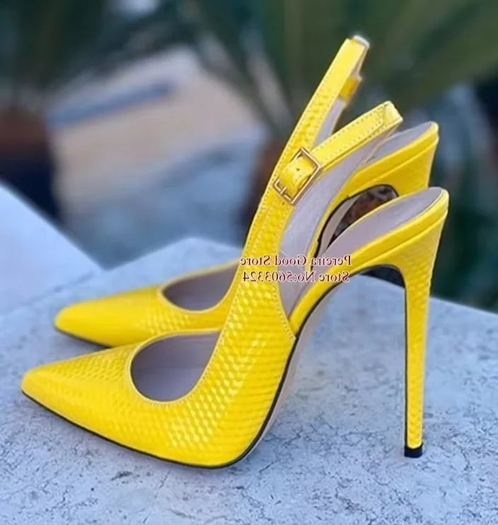 Yellow Snakeskin Slingback Pumps Pointy Toe Shallow Stiletto Heels Dress Shoes Cut-out Heels Women Shoes 12Cm 10Cm 8Cm