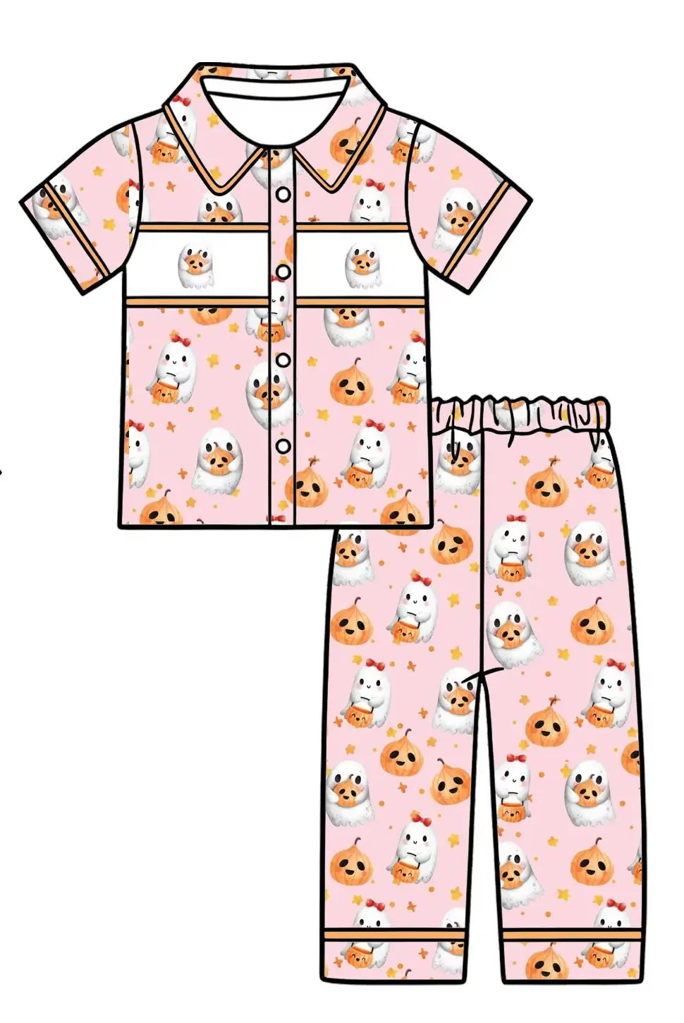 New Kids Halloween Ghost Pumpkin Outfit Girls Puff Sleeve Dress Boys Button Collar Shirt Ruffle Pants Christmas Bear Set