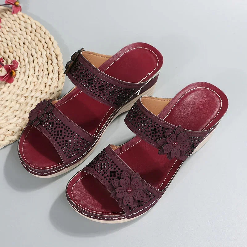 2024 Summer Women Slippers Plus Size Women's Shoes Retro Roman Sandals Women Pu Casual Flower Wedge Sandals Platform Slippers