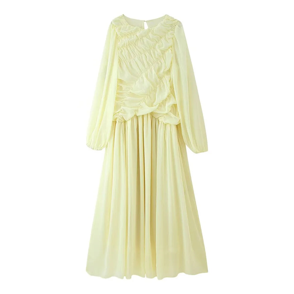 women's long sleeved mesh pleated loose casual dress summer new product solid color temperament long skirt