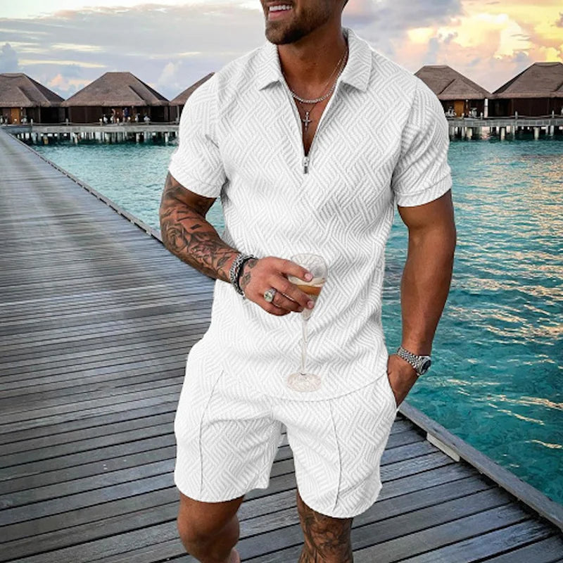 Men Tracksuit Summer New 3D Printed Beach Zipper Polo Shirts Shorts 2 Pcs Sets Boho Geometric Style Holiday Clothing Ropa Hombre