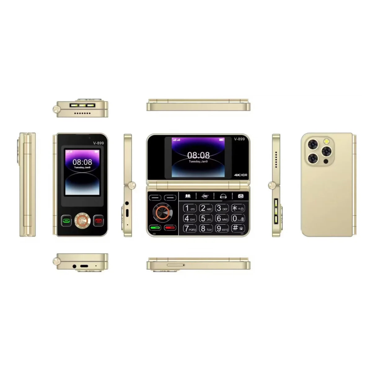 V-899 Bluetooth Folding 2G Cellphone 2.8``2.4``Dual Screen Display MTK6261A 32MB RAM 64MB ROM Dual SIM 3.0MP Type-C Torch Phone