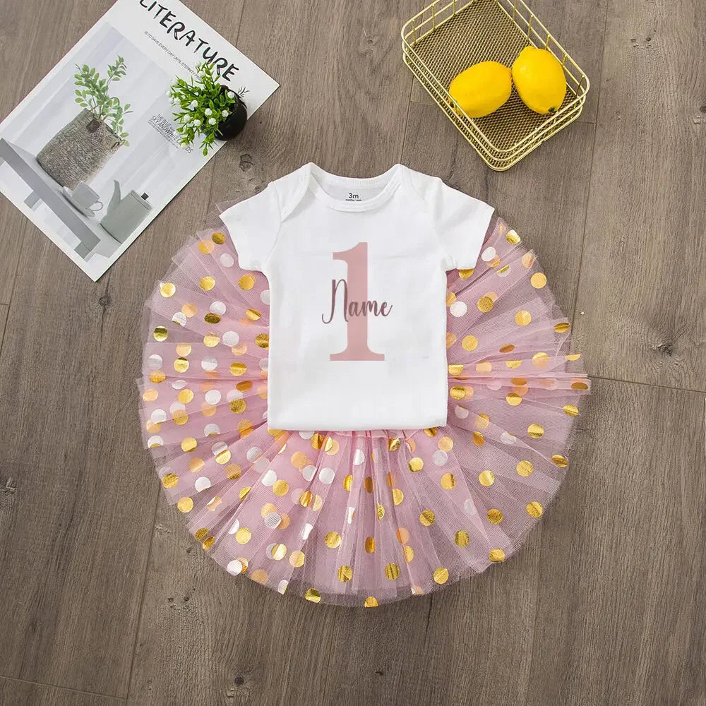 Personalized Birthday Baby Girl Dresses Custom Name Sequin Tutu Skirts Girl Clothes Infant Birthday Gift Baby Short Sleeve Dress