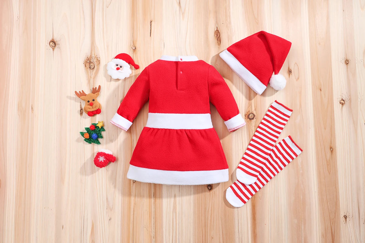 IURNXB Infant Baby Girl Dress with Hat Socks Christmas Outfits 3pc Set Cute Santa Claus Long Sleeve Princess Skirt Dresses 0-18M