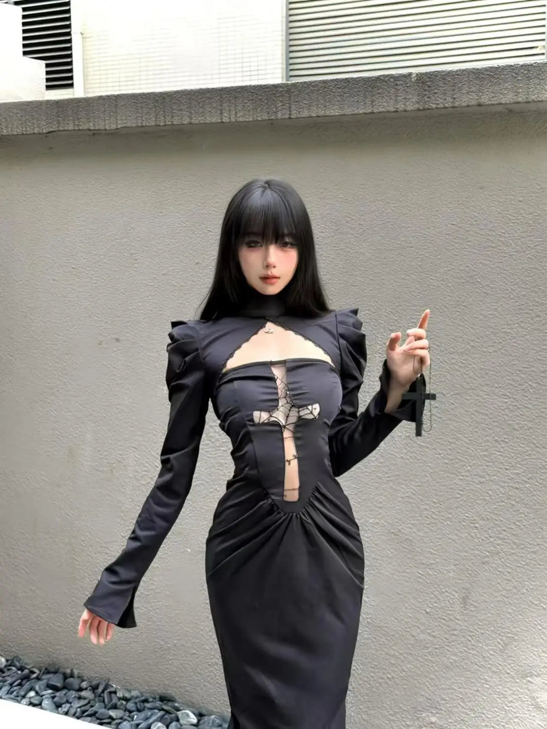 Winter Gothic Black Midi Dress Women Lace Veil Cross Decor Long Sleeve Slim-Fit Party Dress Female Halloween Cosplay Outfit 2025