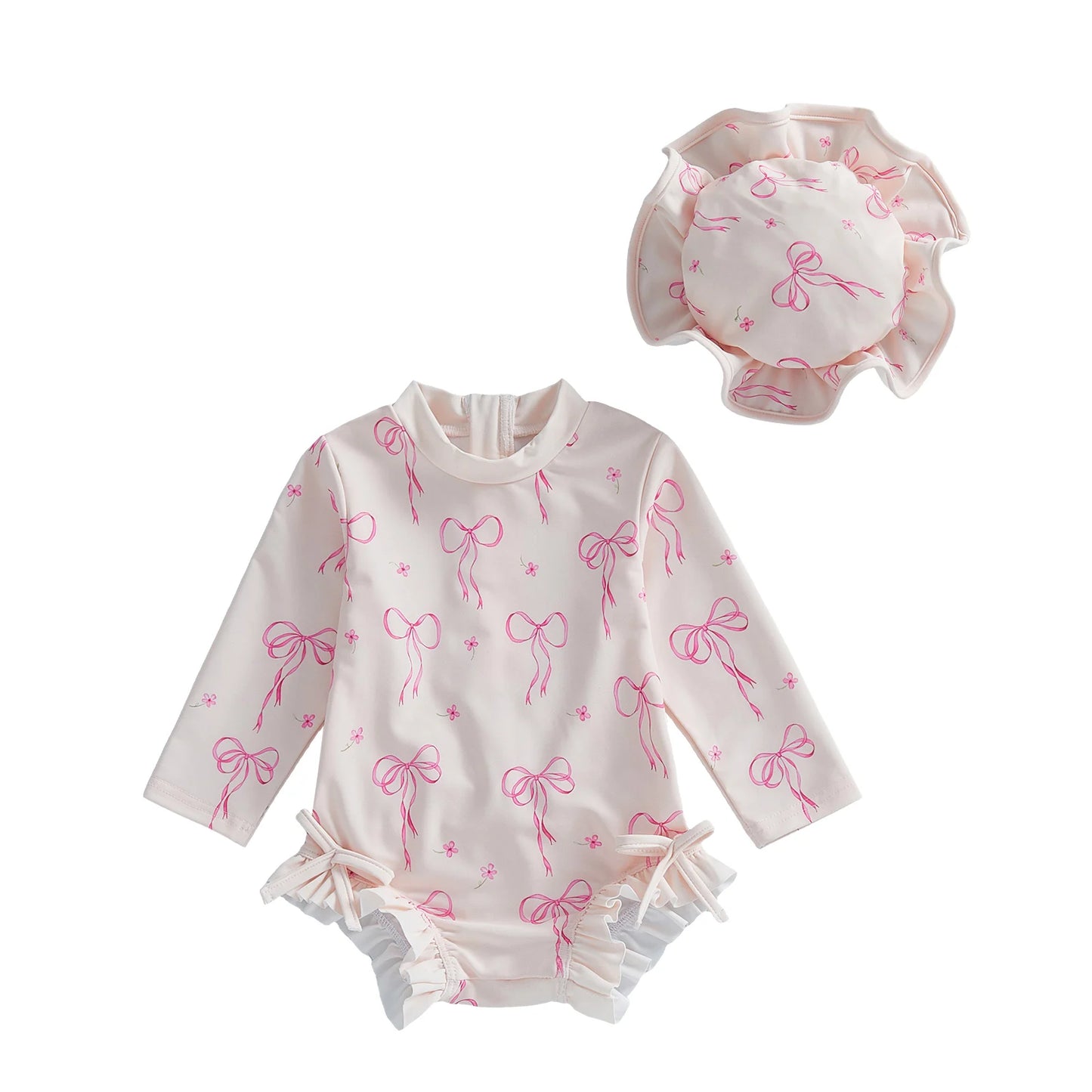 Toddler Baby Girl Rash Guard Swimsuit Bow Print Ruffled Long Sleeve Round Neck Beachwear Jumpsuit and Hat Swimwear 2Pcs Set