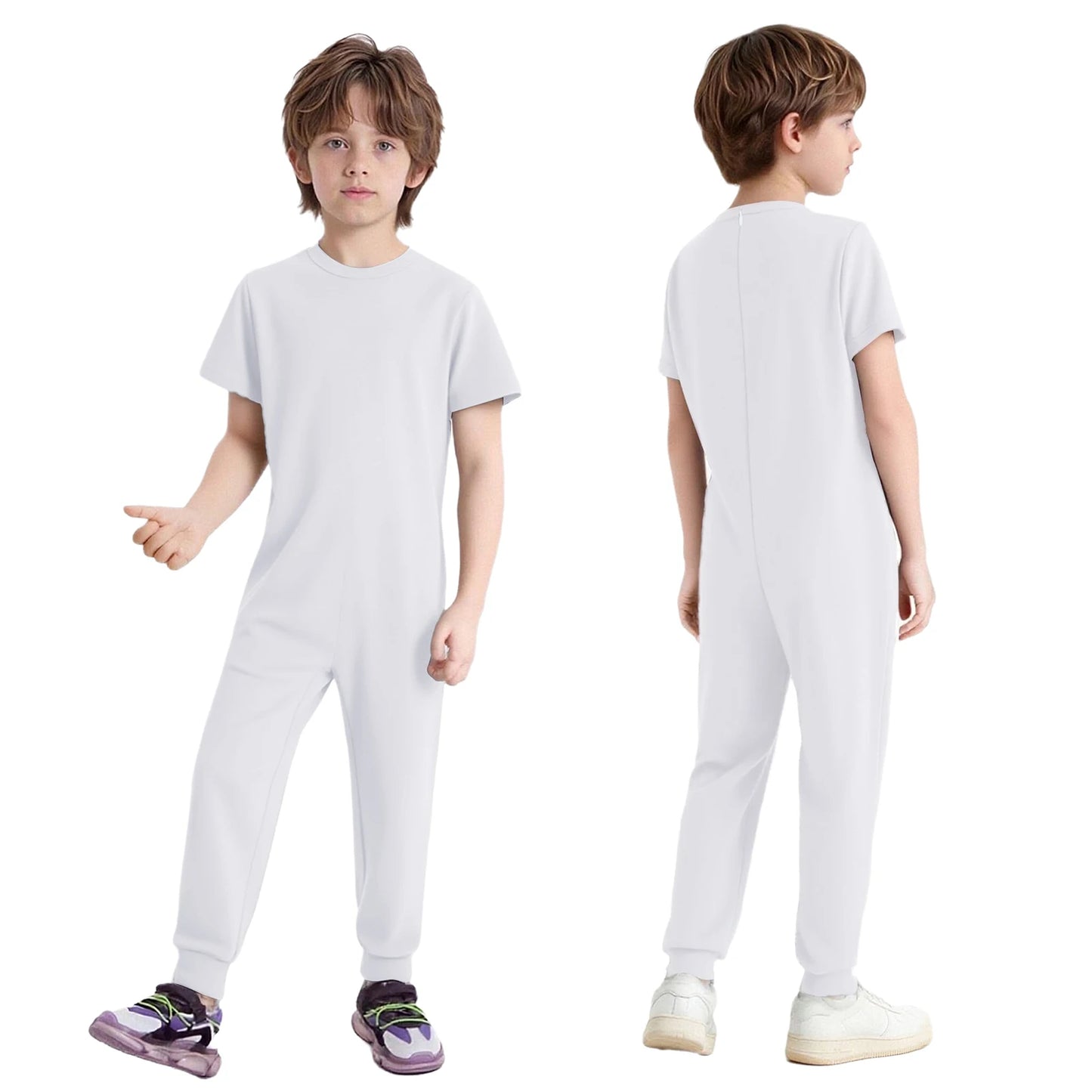 Kids Boys Girls Special Needs Adaptive Clothing Cotton Round Neck Short Sleeve Back Zipper Solid Color Full Body Jumpsuit Romper