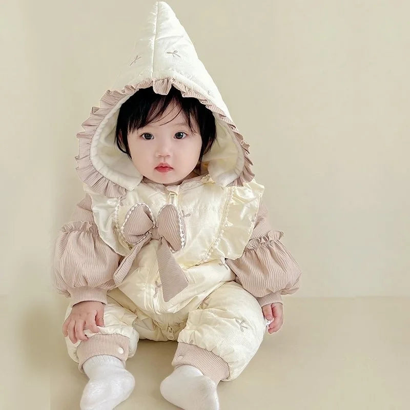 2025 New Baby Winter Rompers Thick Cotton Hooded Jumpsuit Cozy Infant Bowknots Ruffle Outerwear for Newborns (0-24 Months)