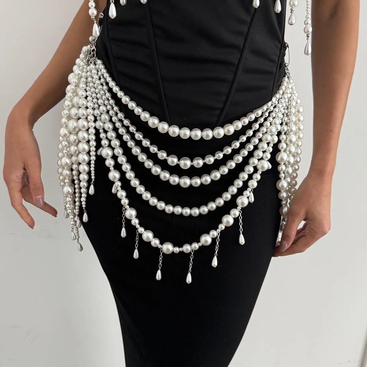 Sexy Exaggerated Imitation Pearl Beaded Tassels Bikini Chest Chain Waist Chain Women's Fashion Show Beaded Necklace Body Jewelry