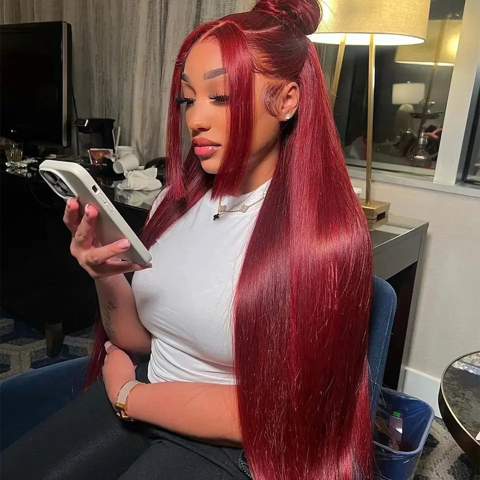 99J Red Burgundy Color Straight 13X4X1 HD Full Lace Frontal Wigs For Women Preplucked With Baby Hair Heat Resistant Fiber Soft