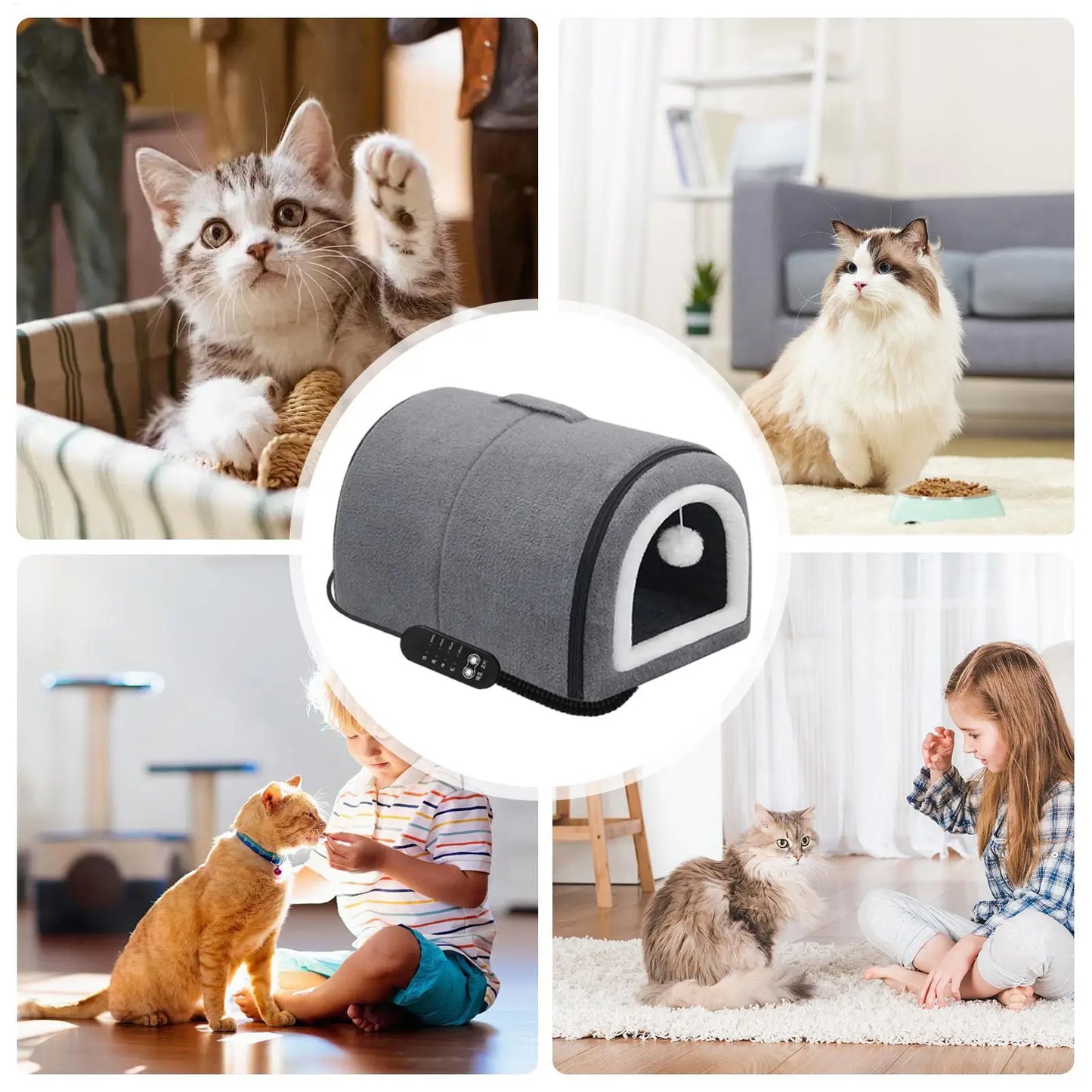 Heated Cat House Cat Bed Cave Temp Adjustment Semi-Enclosed Removable Warm Nest For Medium Breed Kitten Puppy All Season Indoor
