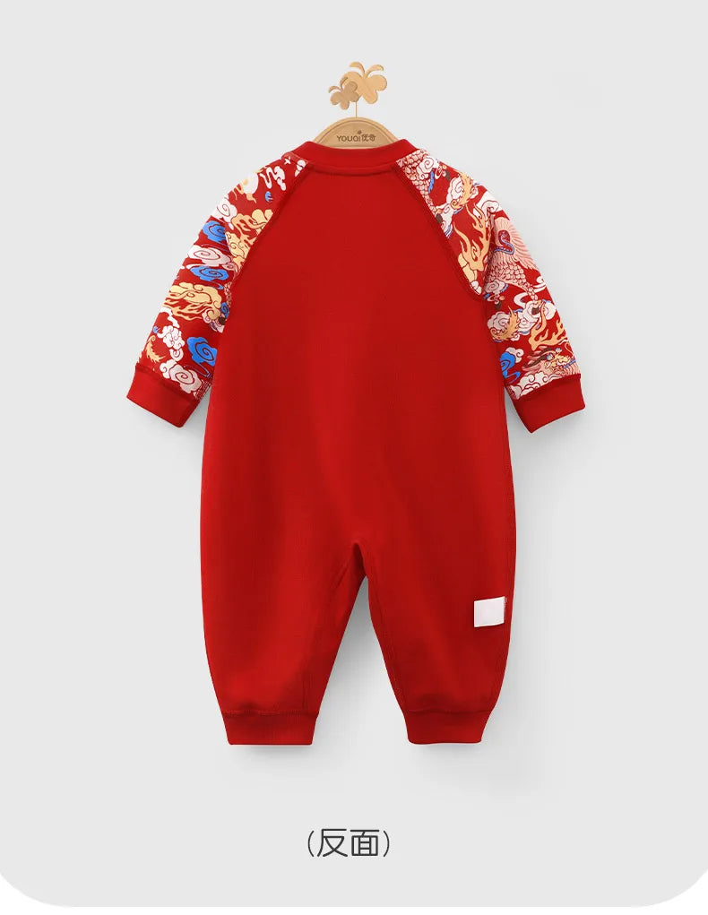 【Youqi】Chinese Baby Romper Autumn Style Full-Month Baby Red New Year Pure Cotton Jumpsuit Festive Hundred-Day Birthday Outfit