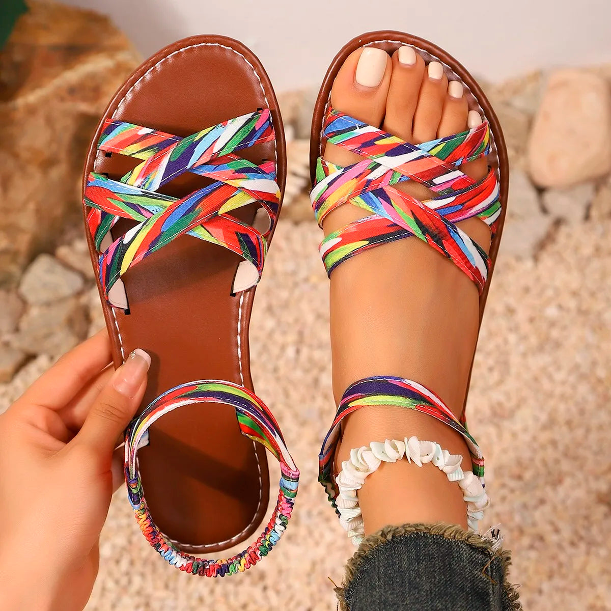 Shoes for Women 2025 Summer New Women Flat Sandals Bottom Roman Strap Sandals with Non Slip Rubber Soles Ladies Daily Sandalia