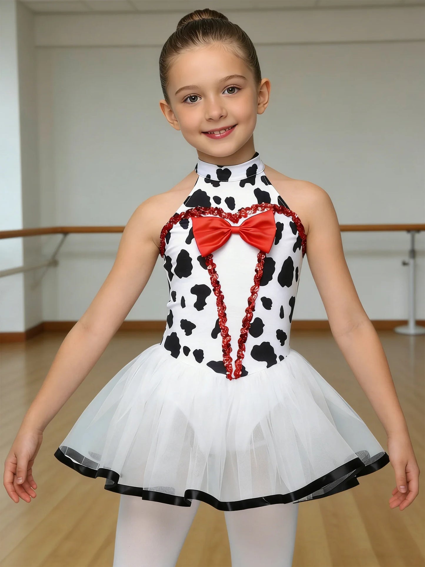 Children Girls Tutu Dress Halloween Theme Party Outfits Spotted Dog Fancy Dress Up Printed Mesh Leotard Dress Dalmatian Costume
