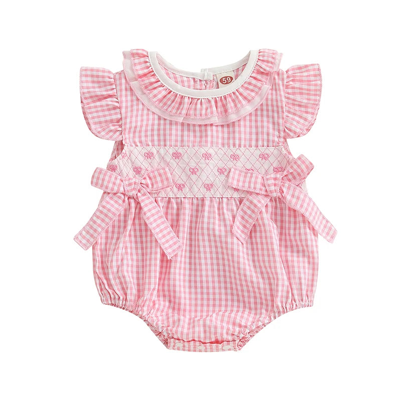 Infant Baby Girl Summer Romper Outfit Ruffle Short Sleeve Bodysuit Bow Embroidery Plaid Jumpsuit 0-18M