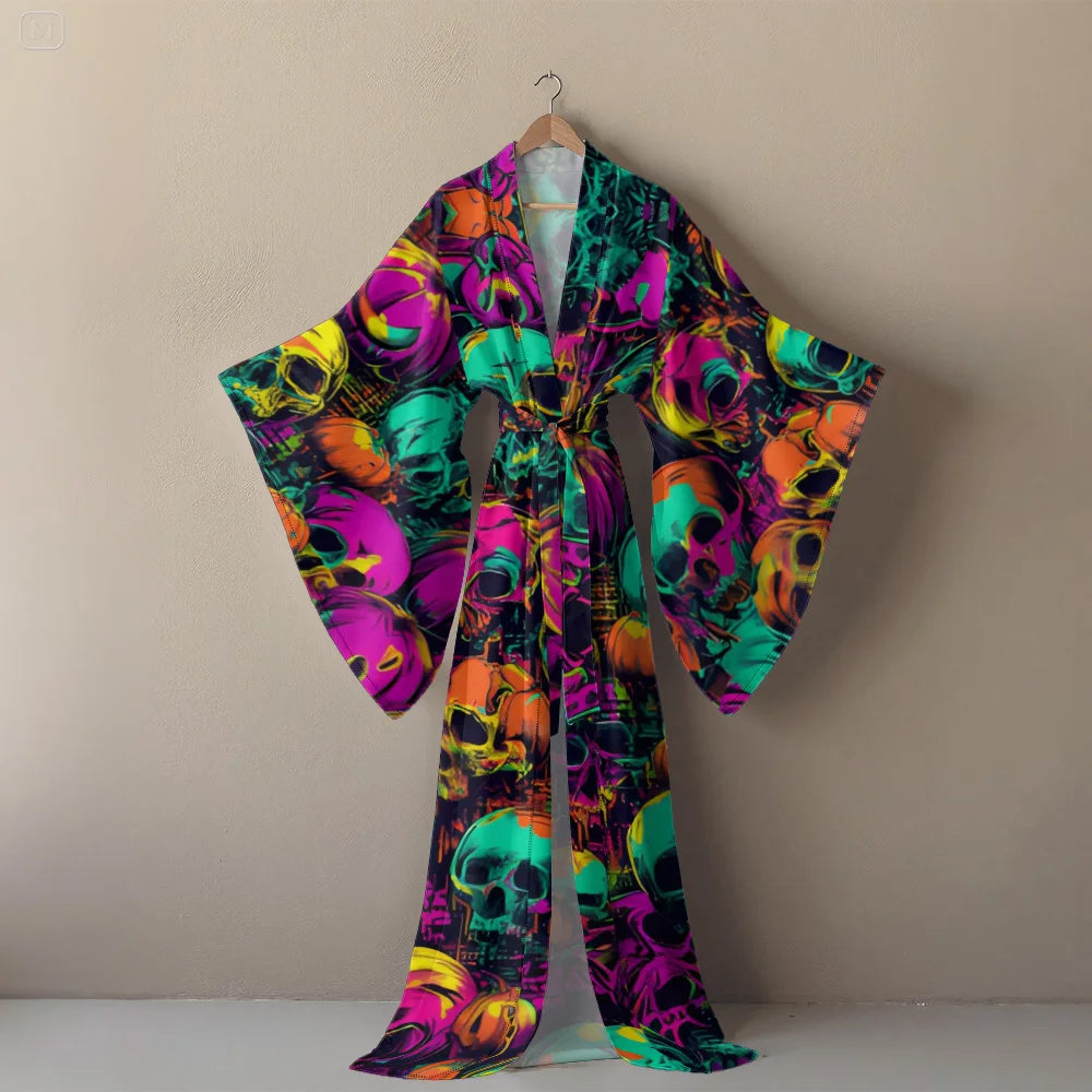 Halloween Cosplay Women's Sexy V-Neck Robe with Abstract Ghost Print - Long Sleeve Party Costume Unique Vampire Witch Long Robe