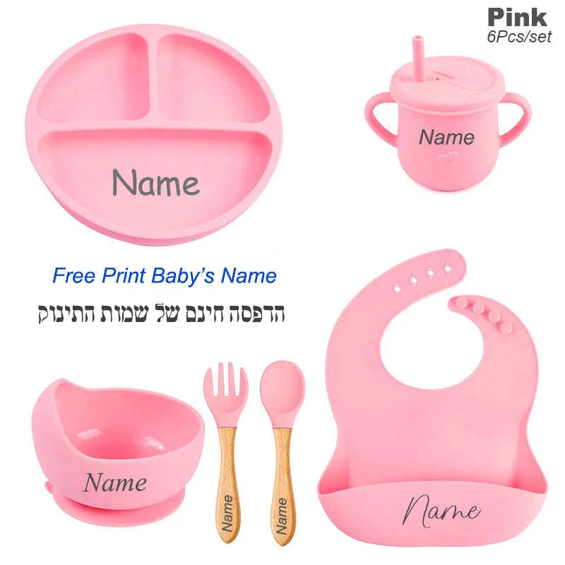 6PCS Silicone Feeding Set For Baby Personalized Name Logo Plate Bowl Customized Newborn Gift Silicone Straw Cup BPA Free
