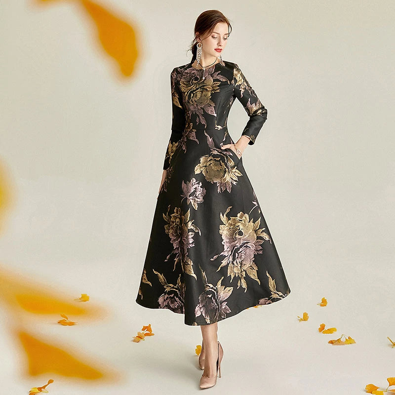 Plus Size Evening Dress - Black and Gold Jacquard Satin Waist-Defining Tummy-Control Long Sleeve Elegant Flared Dress