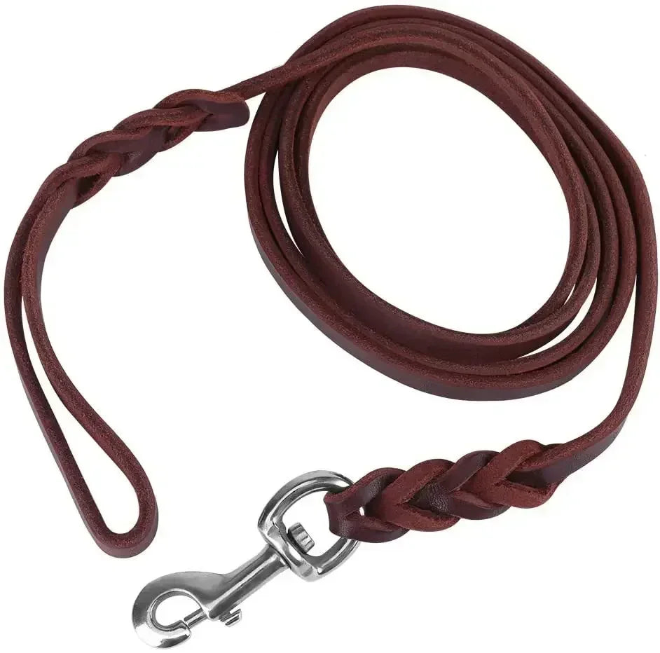 Handmade Genuine Leather Braided Dog Leash Heavy-Duty Training Lead with Metal Hook for Medium/Large Pets Dog Collar
