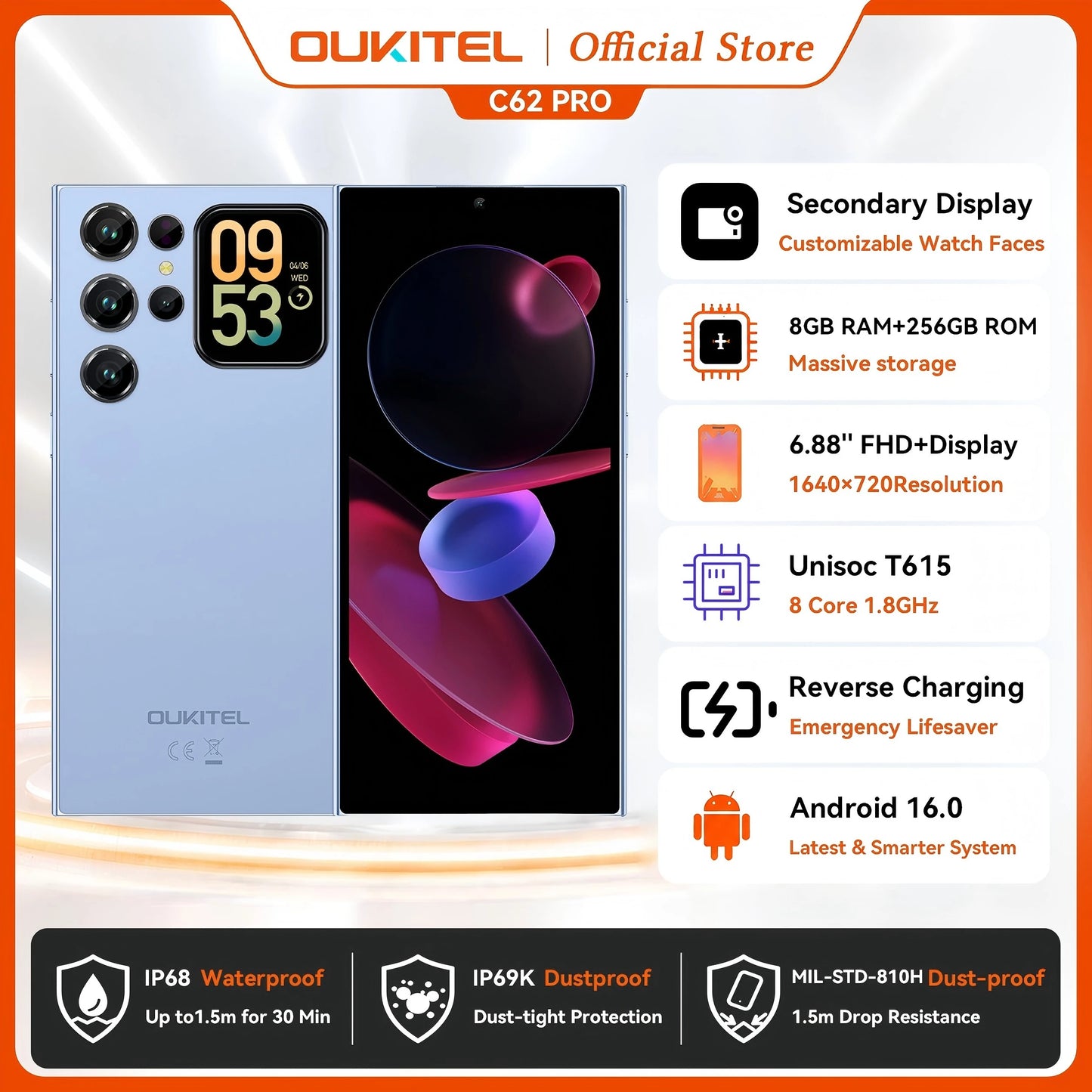 OUKITEL C62 Pro NFC Smartphone Android 15, 6.88" HD+ 1.81" Sub Screen Unisoc T615 Cell Phone, 24GB (8+16) + 256GB, 5150mAh