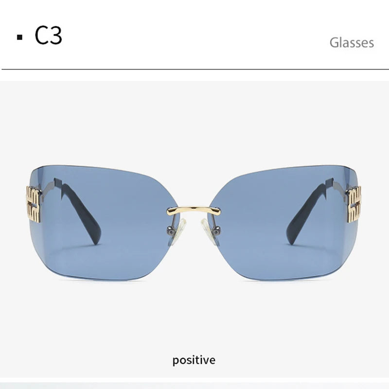 Women Brand Designer Rivets Rectangle Gradient Curved Shades Classic Sun Glasses Female Funky Metal Luxury Rimless Sunglasses