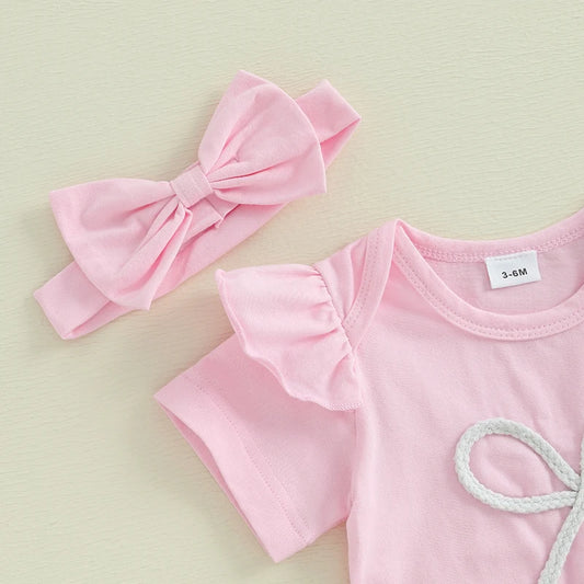 0-18M Newborn Infant Baby Girl Summer Outfits Bow Embroidery Short Sleeve Romper+Tutu Skirt Shorts+Socks +Headband Set