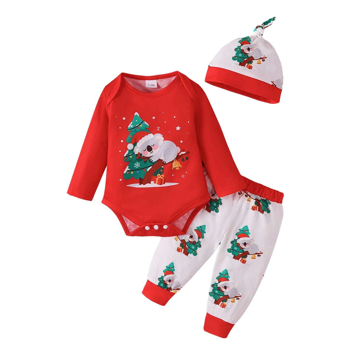 Baby Boy and Girl Christmas Costume Cute Koala Long Sleeve Top+ Pants+Hat 3PCS Clothes Set for 1-18 Months Infant Holiday Suit
