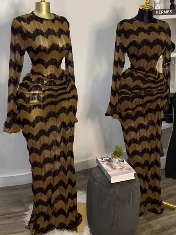 Long Sleeve Maxi Dress Chic for Women High Waist Evening Dress with Drape Sexy Brown Bandage Dress Wholesale Dropshipping