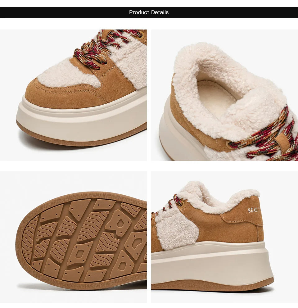 BEAUTODAY Fury Sneakers Women Cow Suede Leather Round Toe Lace-up Closure Platform Shoes Ladies Winter Warm Flats Handmade 29787