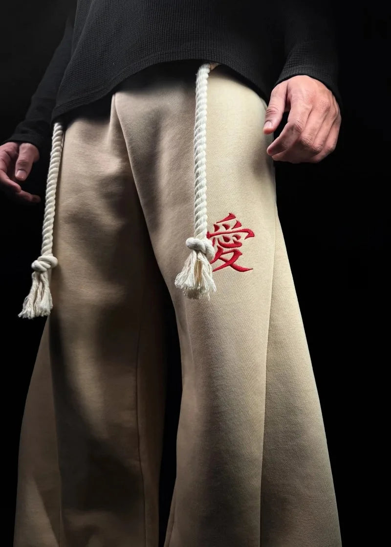 Gaara Anime Embroidery Baggy Wide Leg Sweatpants Removable Thick Drawstring Streetwear Casual Relaxed Fit Trousers for Men Women